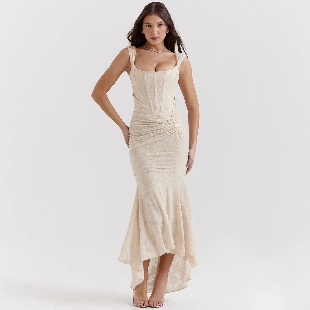 Damen Elegantes Spitzenkleid mit asymmetrischem Saum und gerafften Details