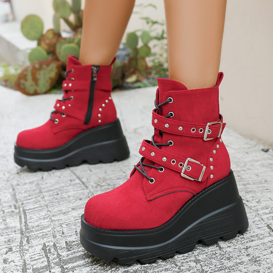 Damen Wedge-Stiefel mit modischen Schnallen und robustem Plateau