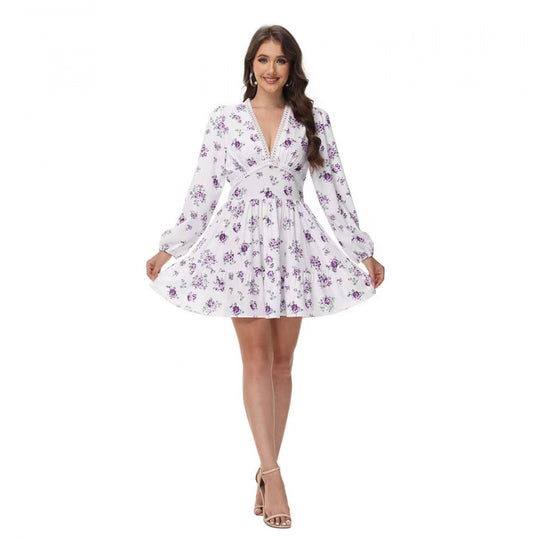 Damen Boho-florales Minikleid mit V-Ausschnitt und Puffärmeln Shop Nory