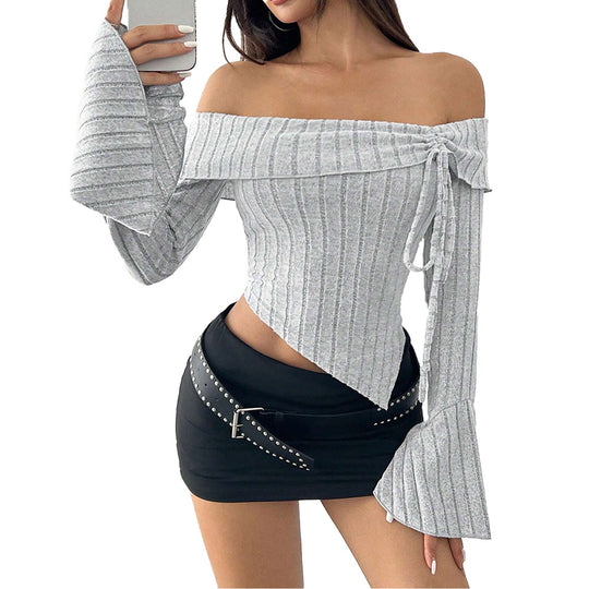 Damen schulterfreies geripptes Asymmetrisches Cropped-Top mit Glockenärmeln und Binddetail Shop Nory