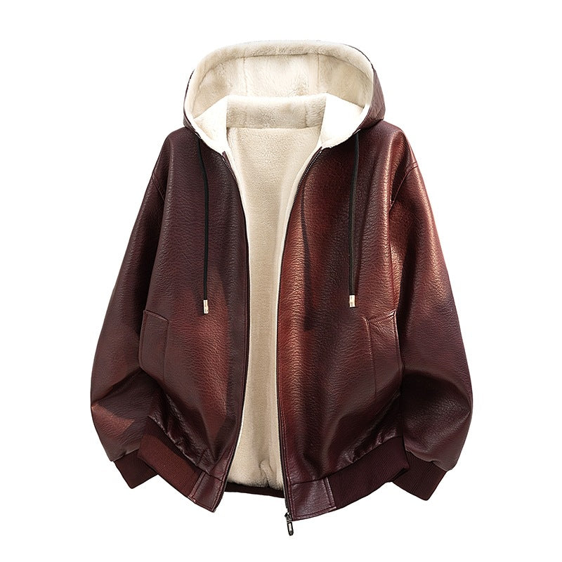 Herren Kapuzenjacke aus Leder mit Teddyfutter Shop Nory