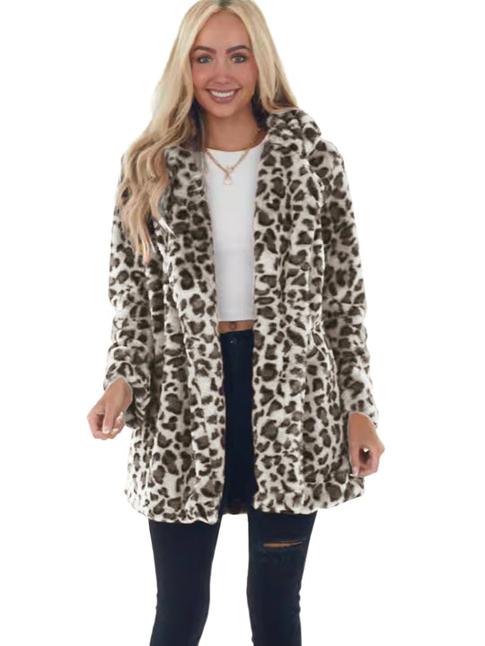 Damen Kunstfell Leopardenmuster Kapuzen Plüsch Mid-Length Mantel Shop Nory