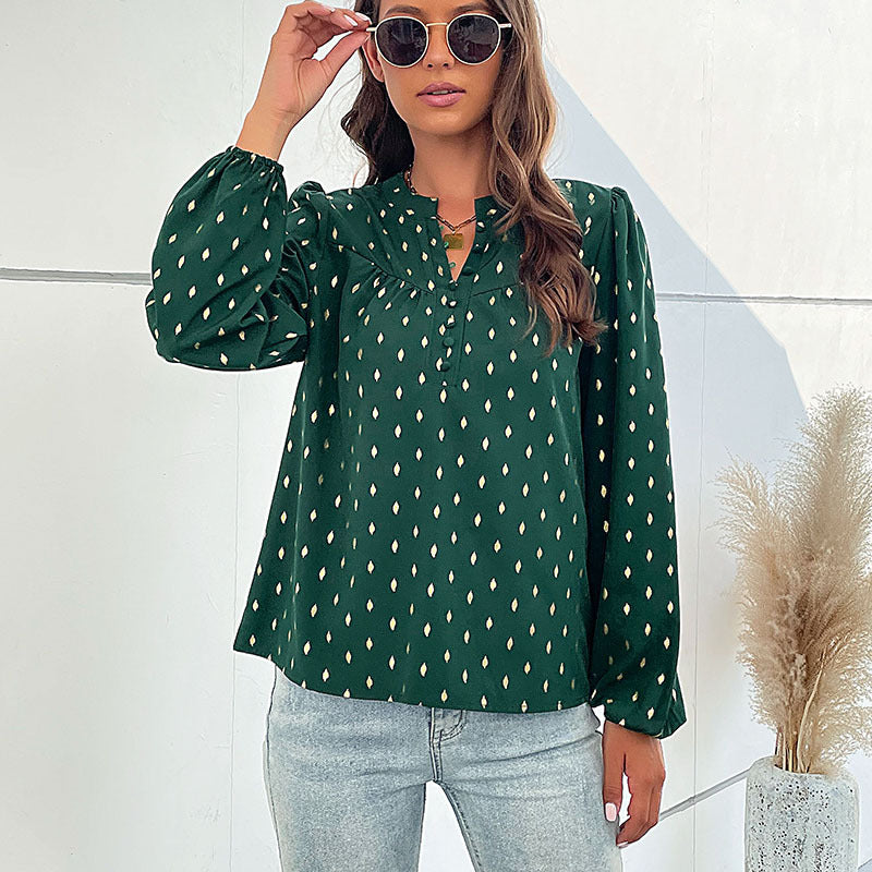 Damen Leichte Viskosebluse mit zartem Ikat‑Print, Stehkragen und dekorativer Knopfleiste Shop Nory