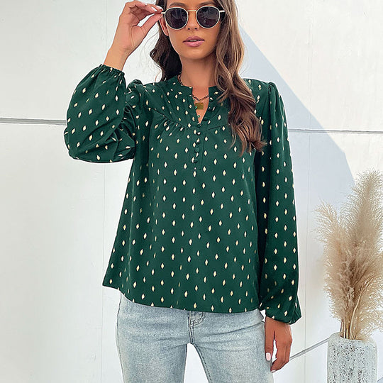 Damen Leichte Viskosebluse mit zartem Ikat‑Print, Stehkragen und dekorativer Knopfleiste Shop Nory