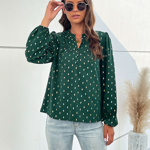Damen Leichte Viskosebluse mit zartem Ikat‑Print, Stehkragen und dekorativer Knopfleiste Shop Nory