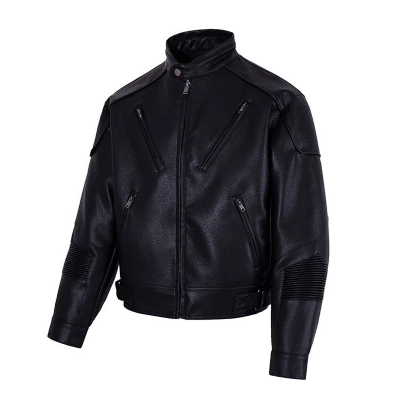 Herren Bikerjacke aus Lederimitat mit Stehkragen Reißverschlusstaschen und gesteppter Ellenbogenpartie Shop Nory