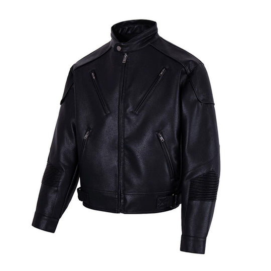 Herren Bikerjacke aus Lederimitat mit Stehkragen Reißverschlusstaschen und gesteppter Ellenbogenpartie Shop Nory