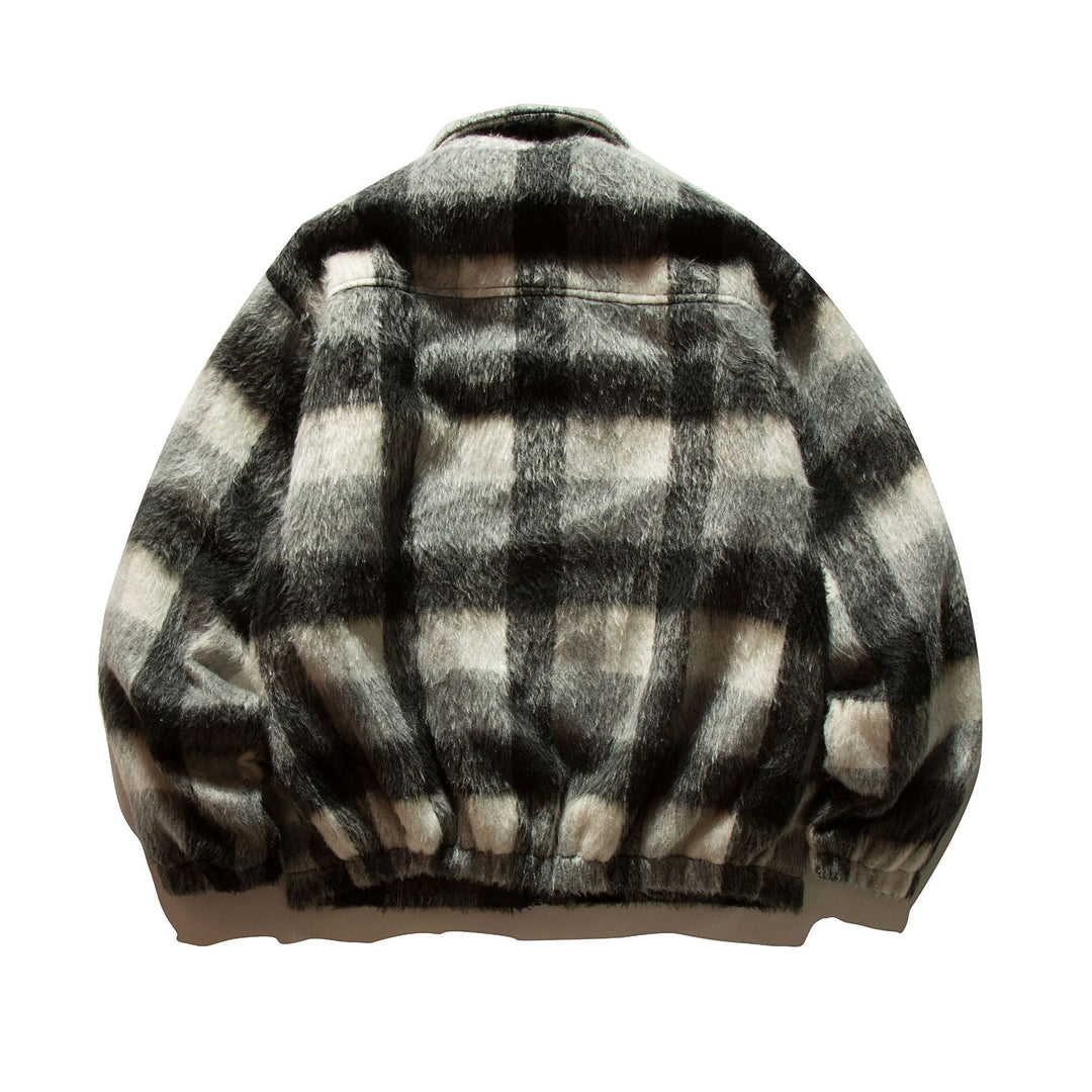 Unisex Kurz geschnittene karierte Fellimitat-Blousonjacke mit Stehkragen und verdecktem Reißverschluss Shop Nory