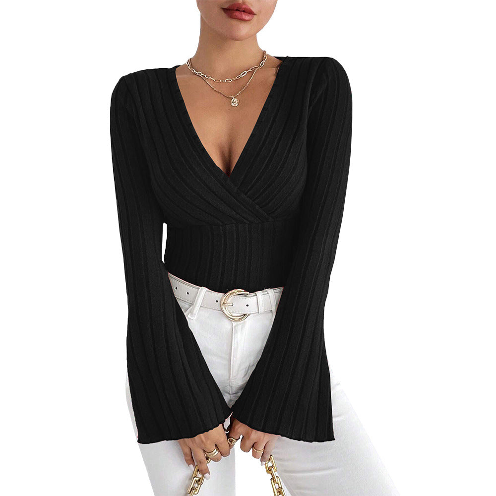 Damen gerippte Wickel-Strickbluse mit tiefem V-Ausschnitt und ausgestellten Glockenärmeln Shop Nory