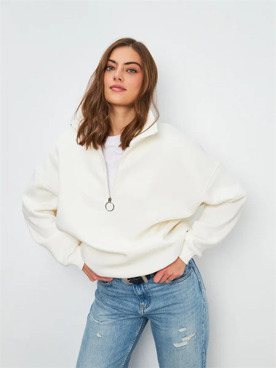 Damen Oversized Halbzip Sweater mit hohem Stehkragen und Rippbündchen Shop Nory
