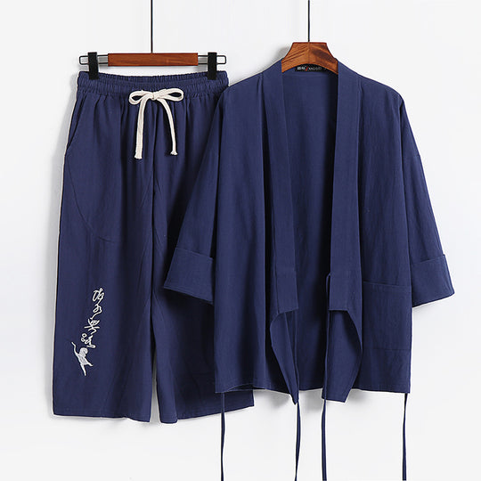 Unisex Leichtes Kimono-Loungewear-Set aus Baumwoll-Leinen mit bestickter Haremshose und Bindegürtel Shop Nory
