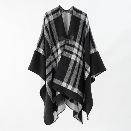 Damen Reversibler Wollmix-Poncho mit Knebelverschluss und Karomuster Shop Nory