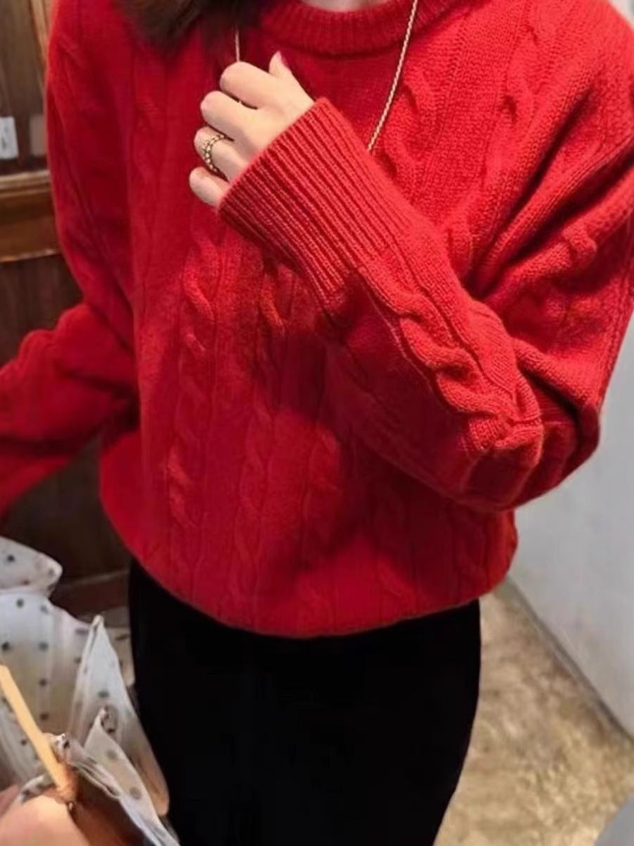Damen Kastiger Kabelstrick‑Pullover mit Rundhals, extraweichem Wollmix und gerippten Bündchen Shop Nory