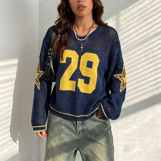 Damen Oversize Netz-Strick Cropped Pullover mit V-Ausschnitt Shop Nory