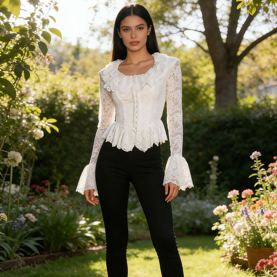 Damen Spitzen-Corsage mit Rüschenkragen und Glockenärmeln Shop Nory