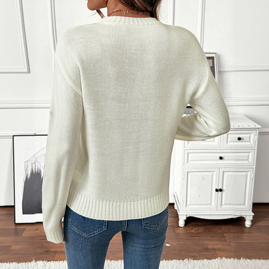 Damen Feinstrick-Pullover mit gestickten Blumenapplikationen und Rundhalsausschnitt Shop Nory