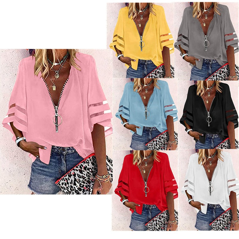 Damen V‑Ausschnitt Bluse mit dekorativem Ringreißverschluss und Cut-Out-Ärmeln Shop Nory
