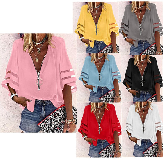 Damen V‑Ausschnitt Bluse mit dekorativem Ringreißverschluss und Cut-Out-Ärmeln Shop Nory