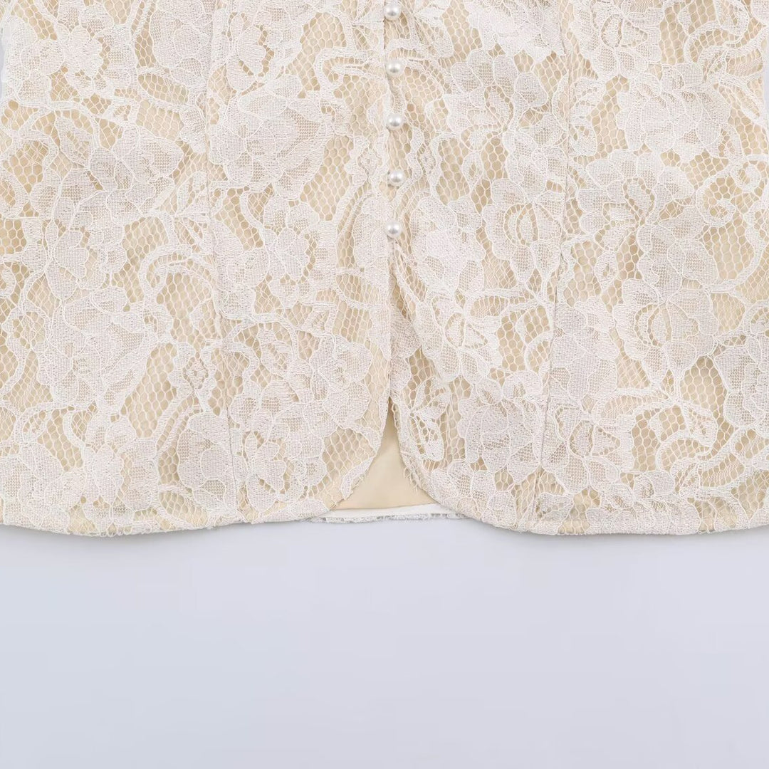 Damen Spitzenbluse mit Mandarinkragen und Perlenknopfleiste Shop Nory