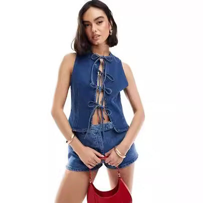 Damen Denim-Weste mit innovativem Schnürverschluss und stylischem Design