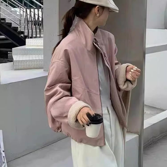 Damen Kurze Oversize Bomberjacke mit Teddyfutter an Bündchen und Stehkragen Shop Nory