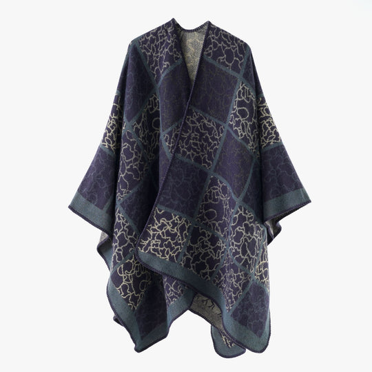 Damen Cape‑Überwurf aus Wollmix mit grafischem Karo‑Jacquard und offener Kimono‑Silhouette Shop Nory