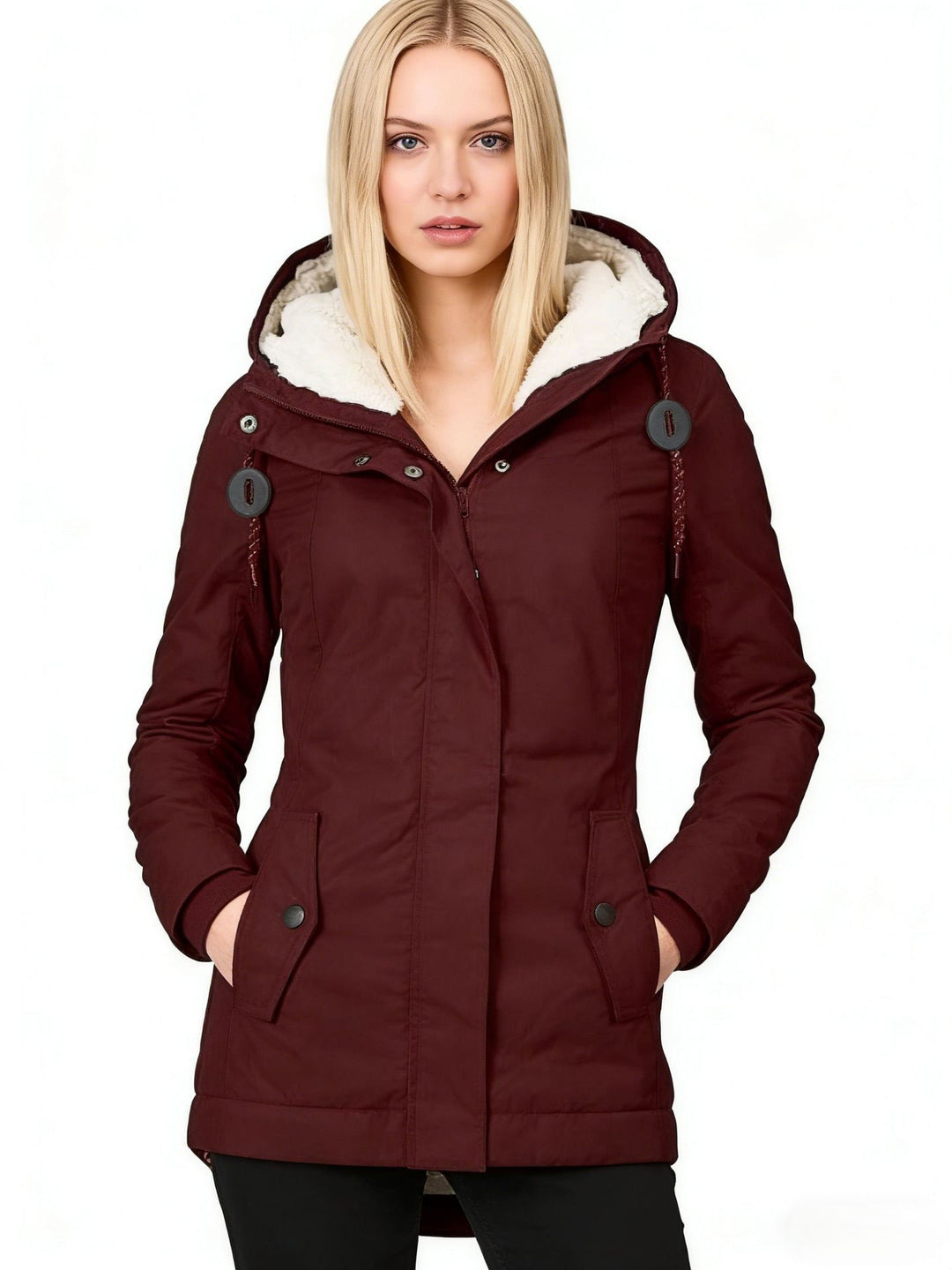 Damen Wasserabweisender Parka mit Teddyfutter, Kapuze und Taillierter Passform Shop Nory