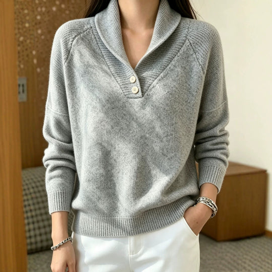 Damen Weicher Schalkragen‑Pullover mit halber Knopfleiste und Raglanärmeln Shop Nory