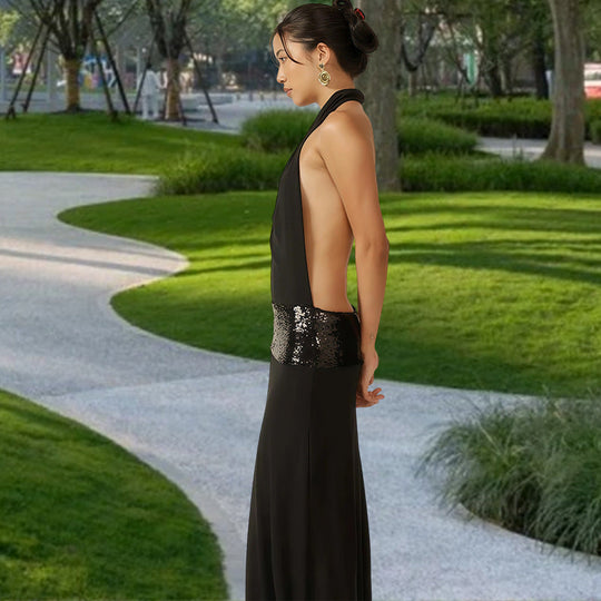 Damen Abendkleid mit schickem Wasserfallausschnitt und glitzerndem Taillenelement