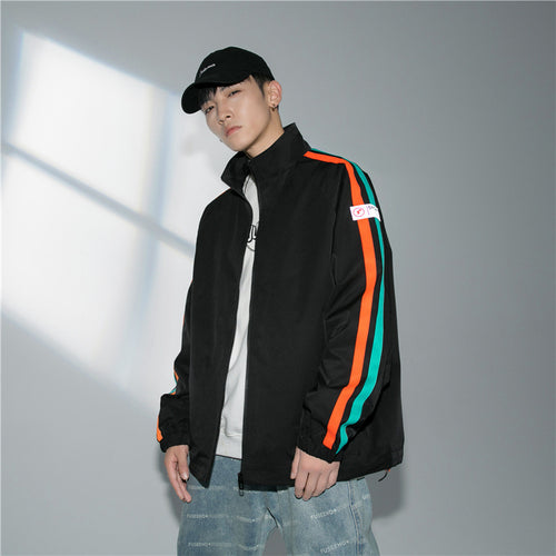 Herren Locker geschnittene Trackjacke mit Stehkragen, kontrastierenden Streifenärmeln und elastischen Bündchen Shop Nory