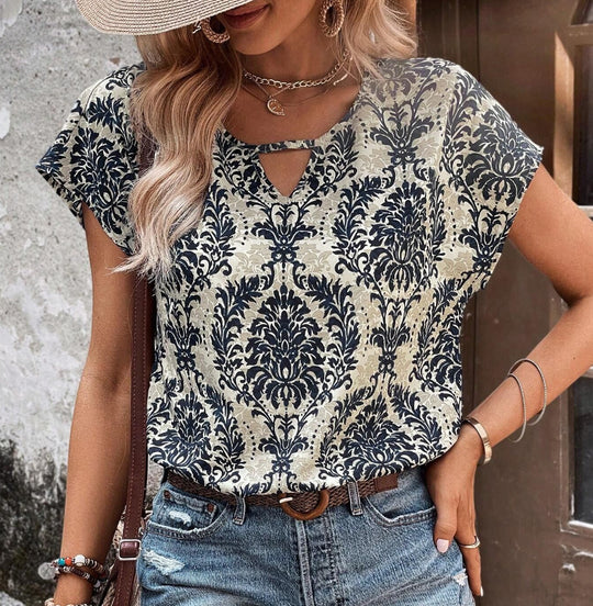 Damen Lässiges Kurzarm-Viscose-Top mit Keyhole-Ausschnitt und Barockmuster Shop Nory