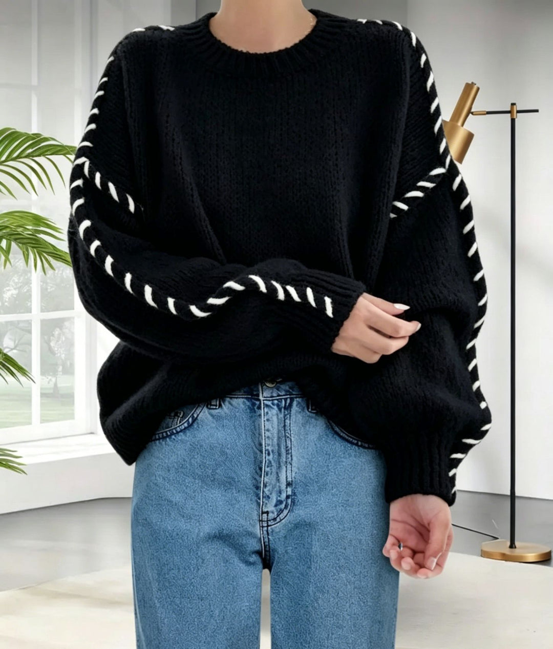 Damen Oversize Strickpullover mit dekorativem Kordel‑Zopf an Ärmeln Shop Nory