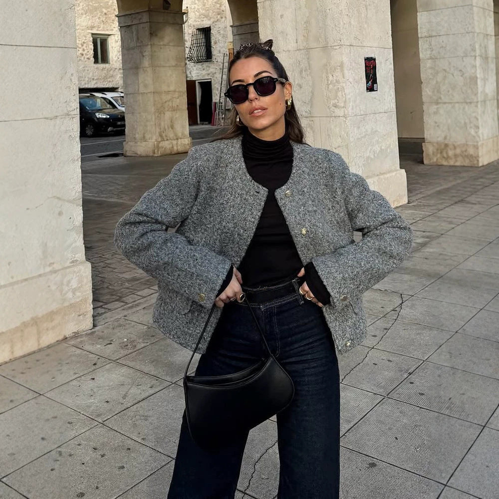 Damen Boxy Wollmix-Boucléjacke im Cabanstil mit Rundhalsausschnitt & goldfarbenen Zierknöpfen Shop Nory
