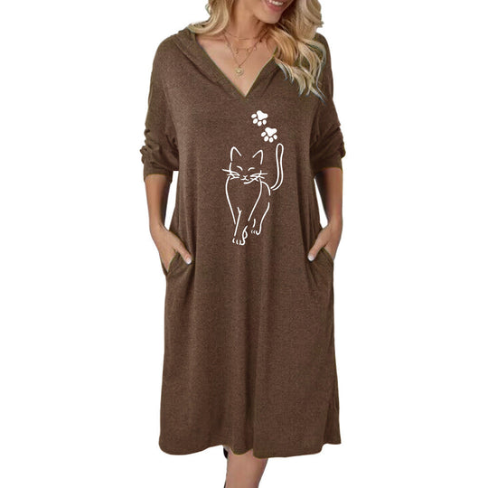 Damen Kapuzenkleid mit süßem Katzenmotiv und praktischen Taschen Shopnory