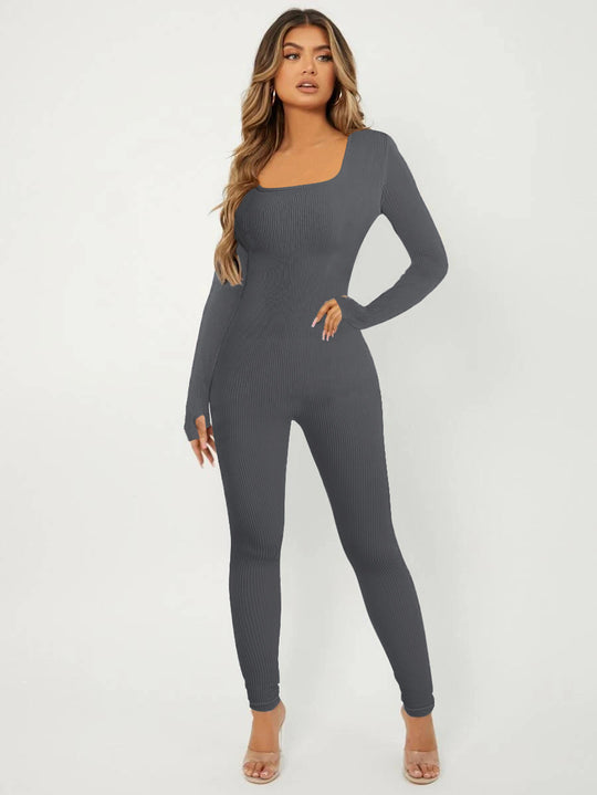 Damen Rippstrick Skinny Jumpsuit mit Quadratischem Ausschnitt, Langen Ärmeln und Daumenloch Shop Nory