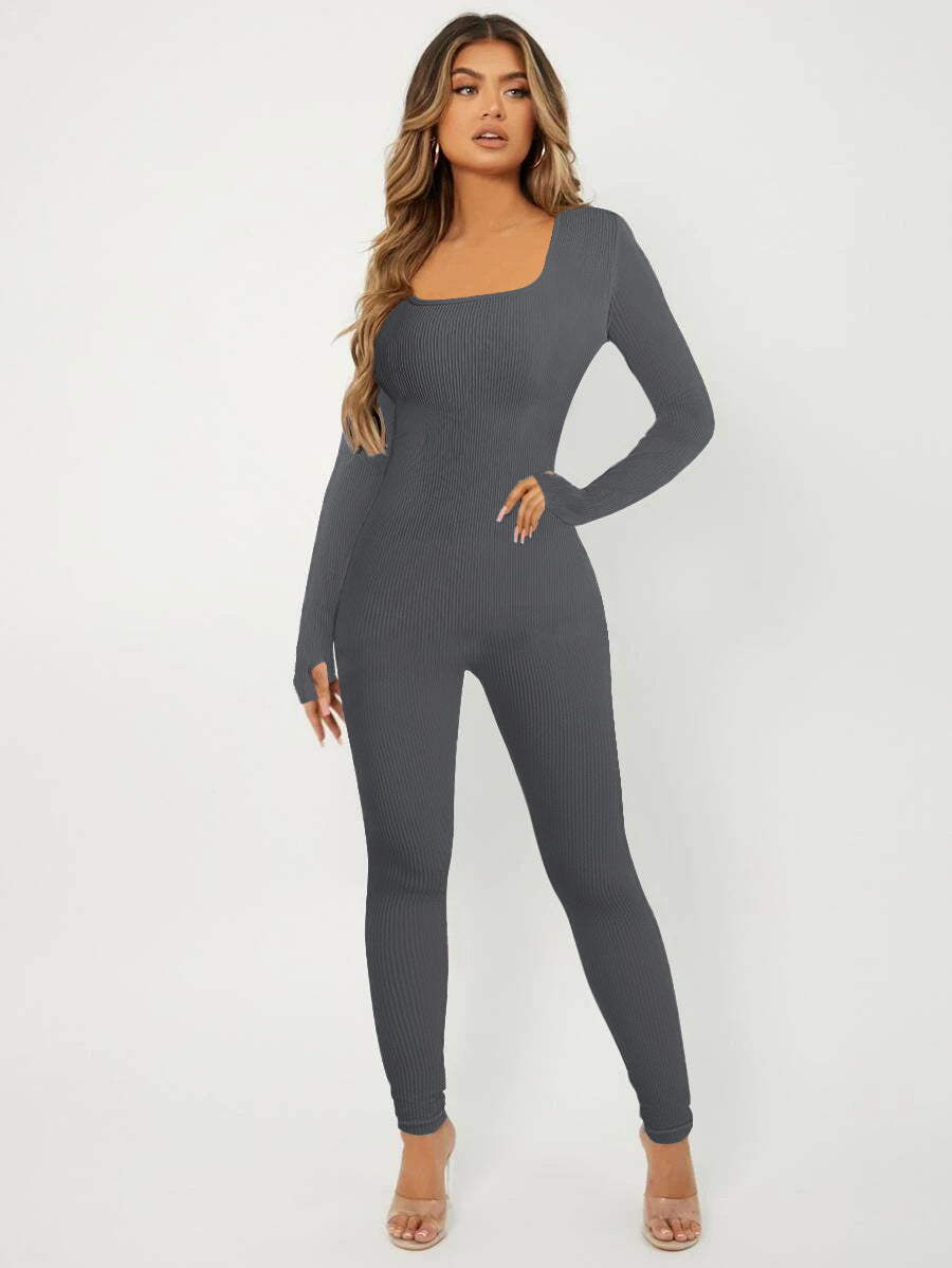 Damen Langarm Jumpsuit im eleganten Rippenmuster