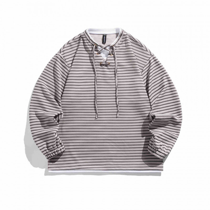 Unisex Gestreifter Oversize-Pullover mit Schnürkragen und Strukturstrick Shop Nory