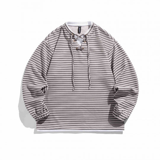 Unisex Gestreifter Oversize-Pullover mit Schnürkragen und Strukturstrick Shop Nory