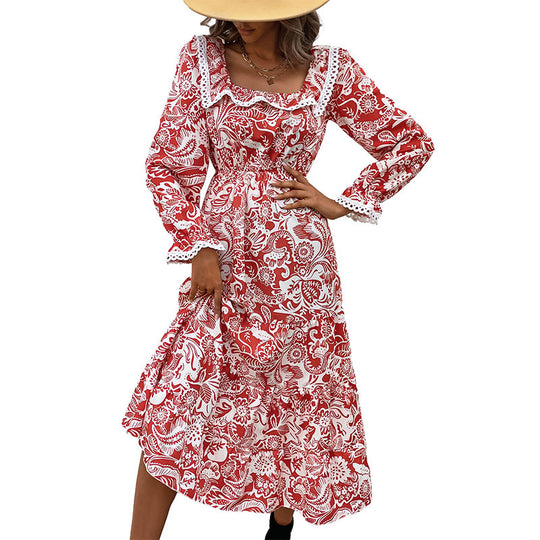 Damen Midikleid im Paisley-Print mit Spitzenvolant, quadratischem Ausschnitt und elastischer Taillennaht Shop Nory