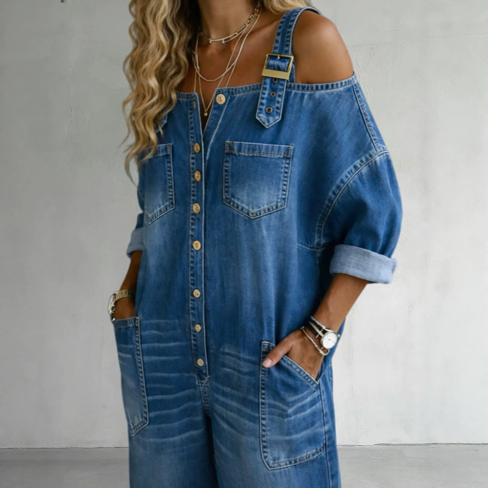 Damen Modischer Denim-Overall mit Off-Shoulder Design