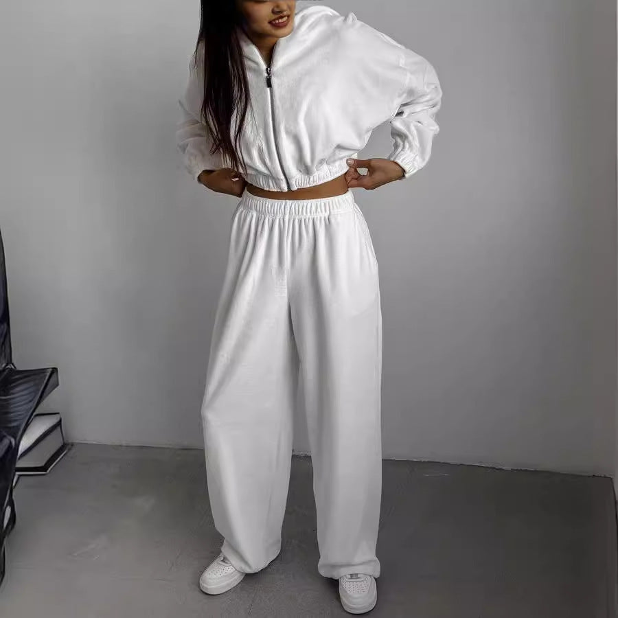 Damen Velours-Lounge-Set mit kurzem Reißverschluss-Hoodie, elastischer High-Waist-Jogginghose und Bustier Shop Nory