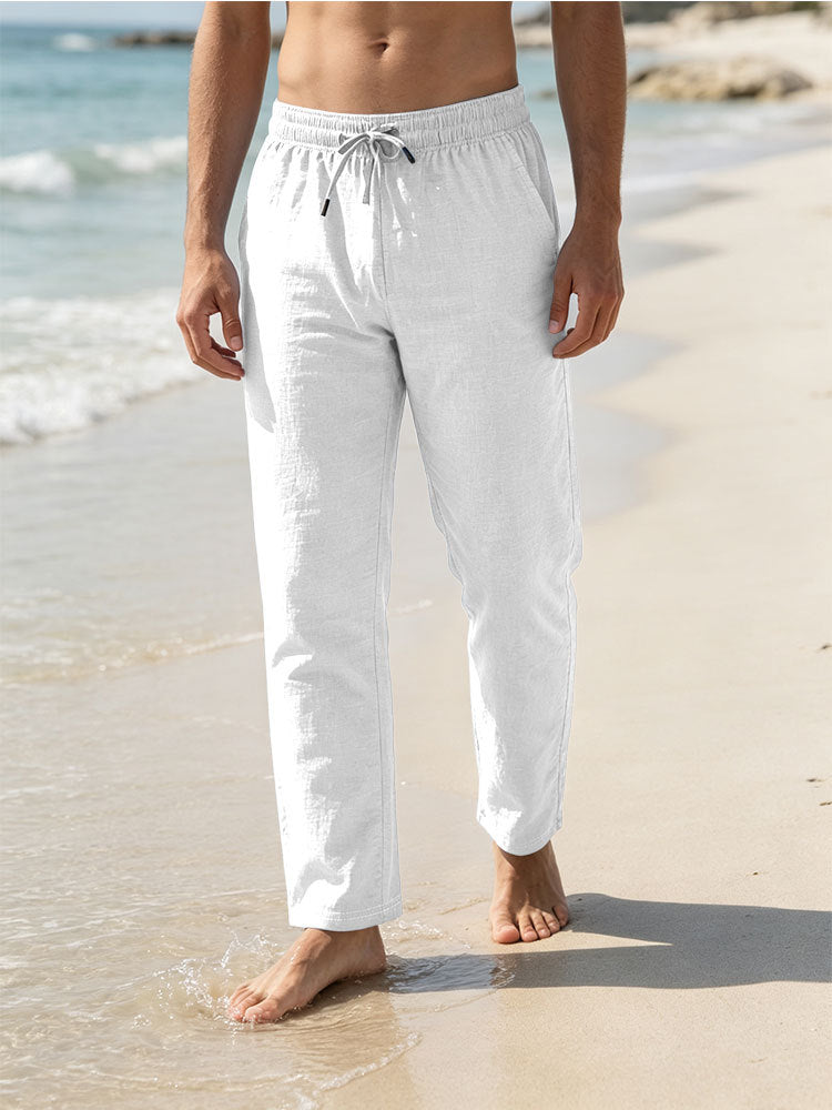 Herren Leichte Leinen-Baumwoll-Hose mit Tunnelzug, elastischem Bund und geradem Schnitt Shop Nory