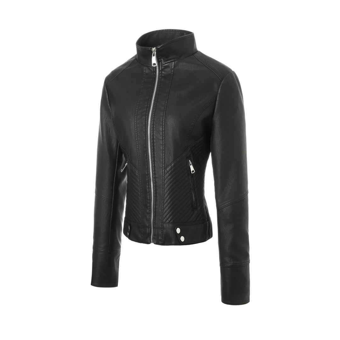 Damen Taillierte Lederjacke mit Stehkragen und Stepp-Panels Shop Nory