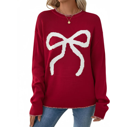 Damen Weihnachtlicher Oversize-Strickpullover mit Schleifenmotiv und gerippten Bündchen Shop Nory