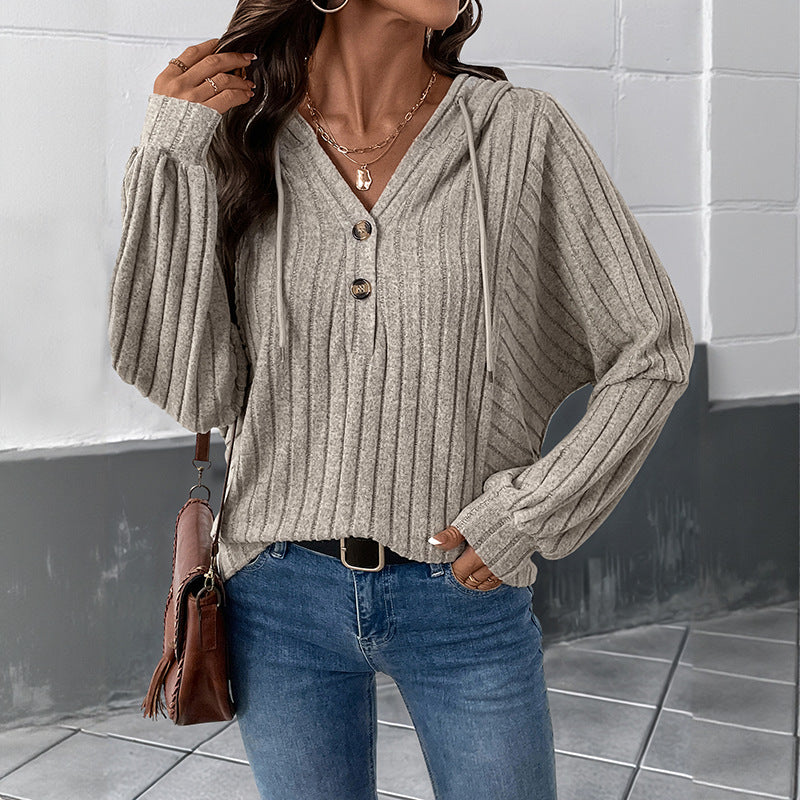 Damen Gerippter Kapuzenpullover mit V‑Ausschnitt, Knopfleiste und Oversize-Ärmeln Shop Nory