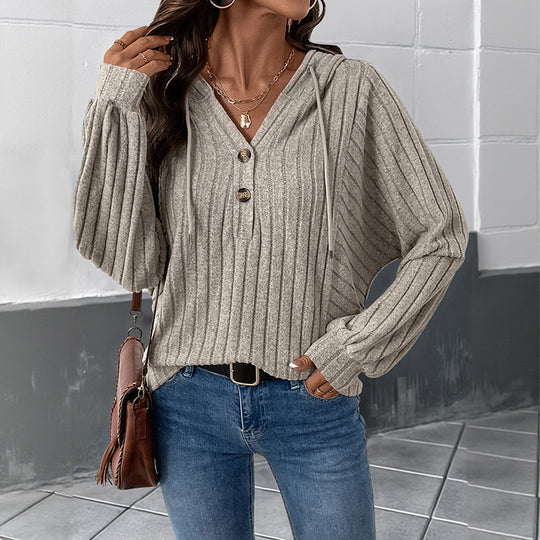 Damen Gerippter Kapuzenpullover mit V‑Ausschnitt, Knopfleiste und Oversize-Ärmeln Shop Nory