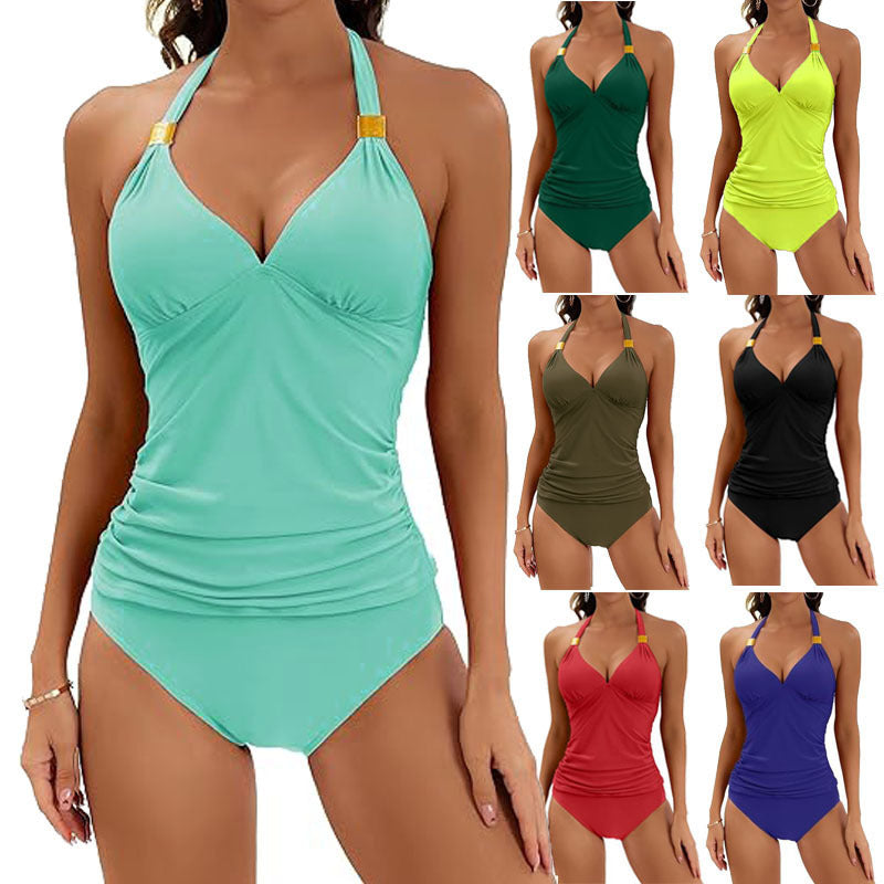 Damen Tankini mit Gerafftem Oberteil und Hohem Bund