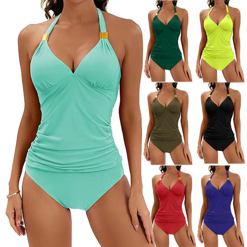 Damen Tankini mit Gerafftem Oberteil und Hohem Bund