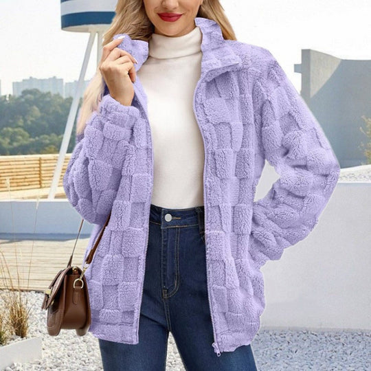 Damen Teddyjacke mit Karo-Struktur, Stehkragen und Reißverschluss Shop Nory