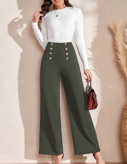 Damen nan hohe Taillenhose mit weitem Bein, maritim inspirierten Zierknöpfen Shop Nory
